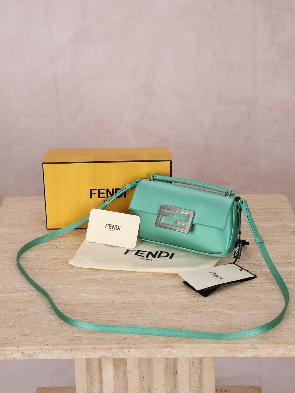 NWT Tiffany Blue Silk Fendi Phone Baguette Teal Full Set SHW Turquoise